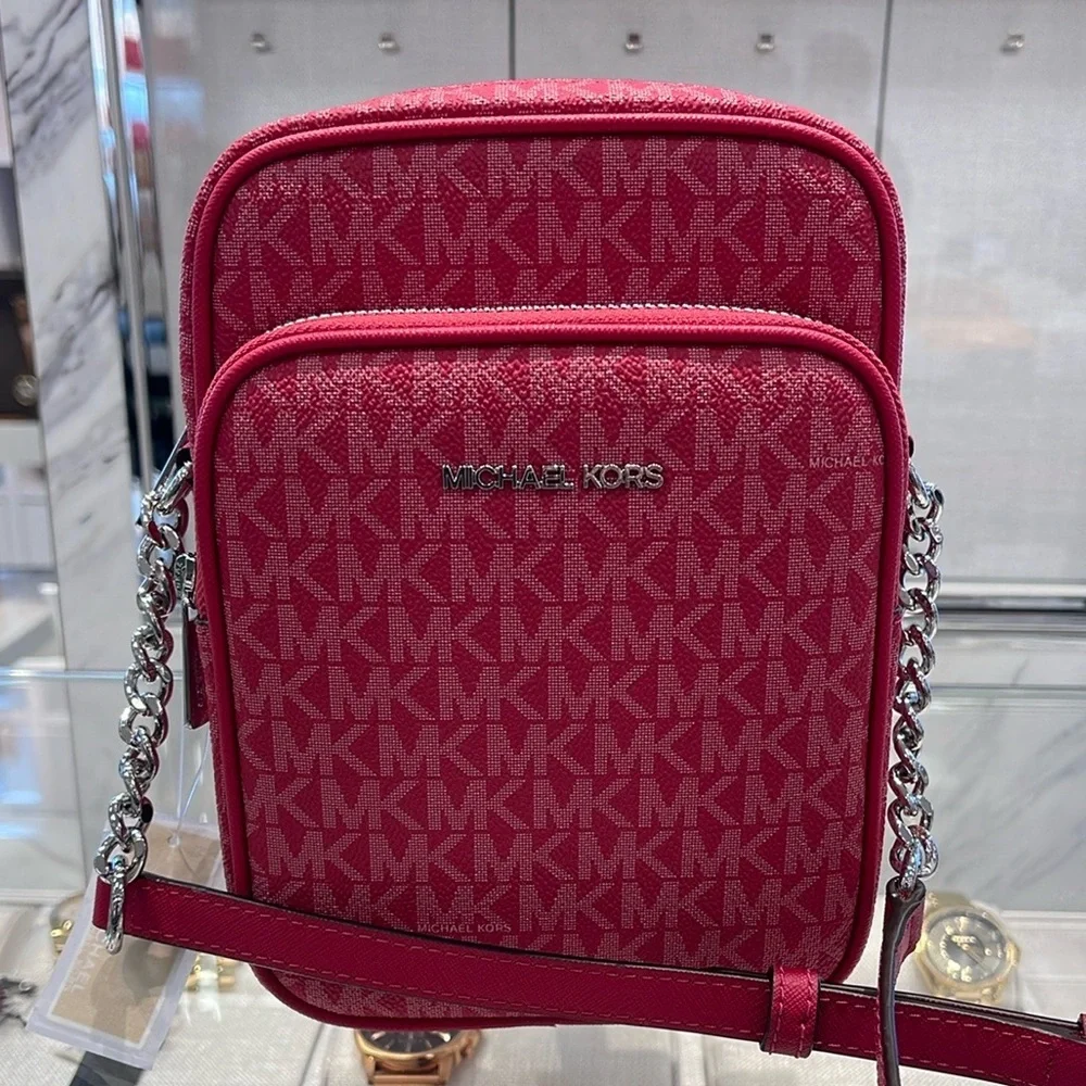 MICHAEL KORS Jet Set Travel Md Signature Logo Crossbody Flight Bag DK RASPBERRY